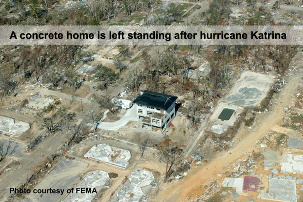 A concrete home is left standing after hurricane Katrina