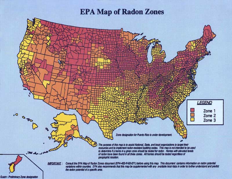 USEPA Map of Radon Zones - Where should you install a Radon Barrier & Reduction System